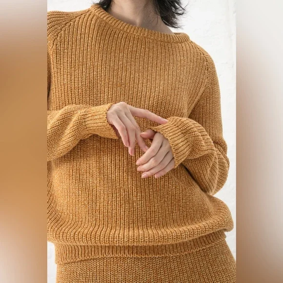 Baserange pearl knit Danube crew neck pullover ovca brown yellow - Picture 1 of 7